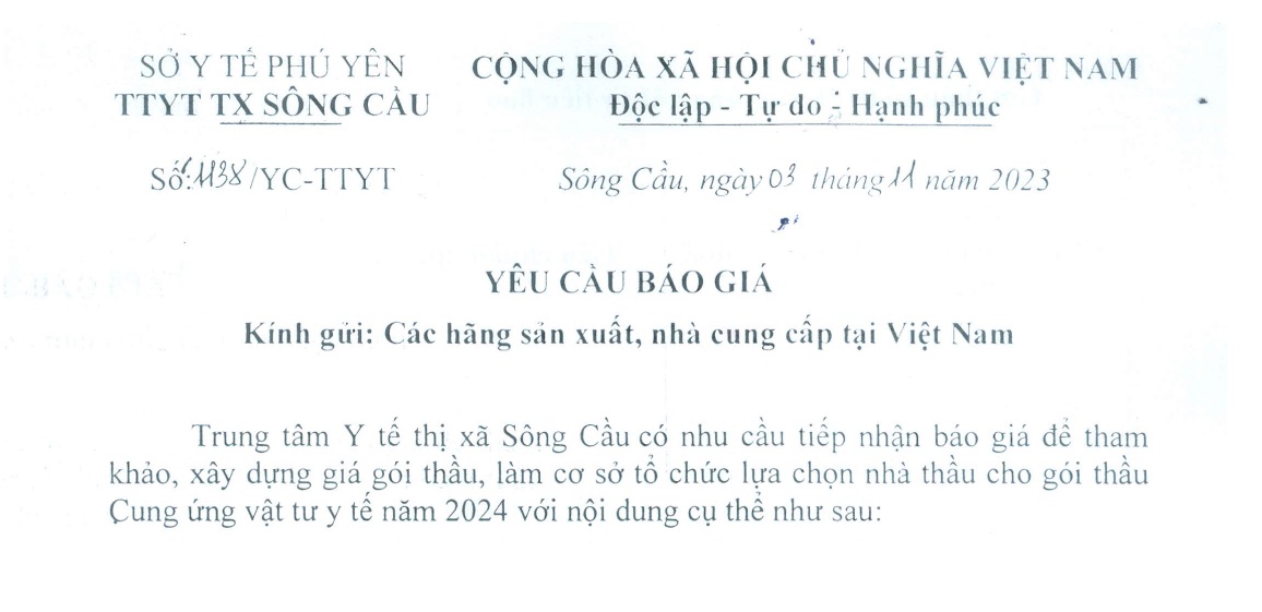 Yêu cầu báo giá Cung ứng vật tư y tế  năm 2024